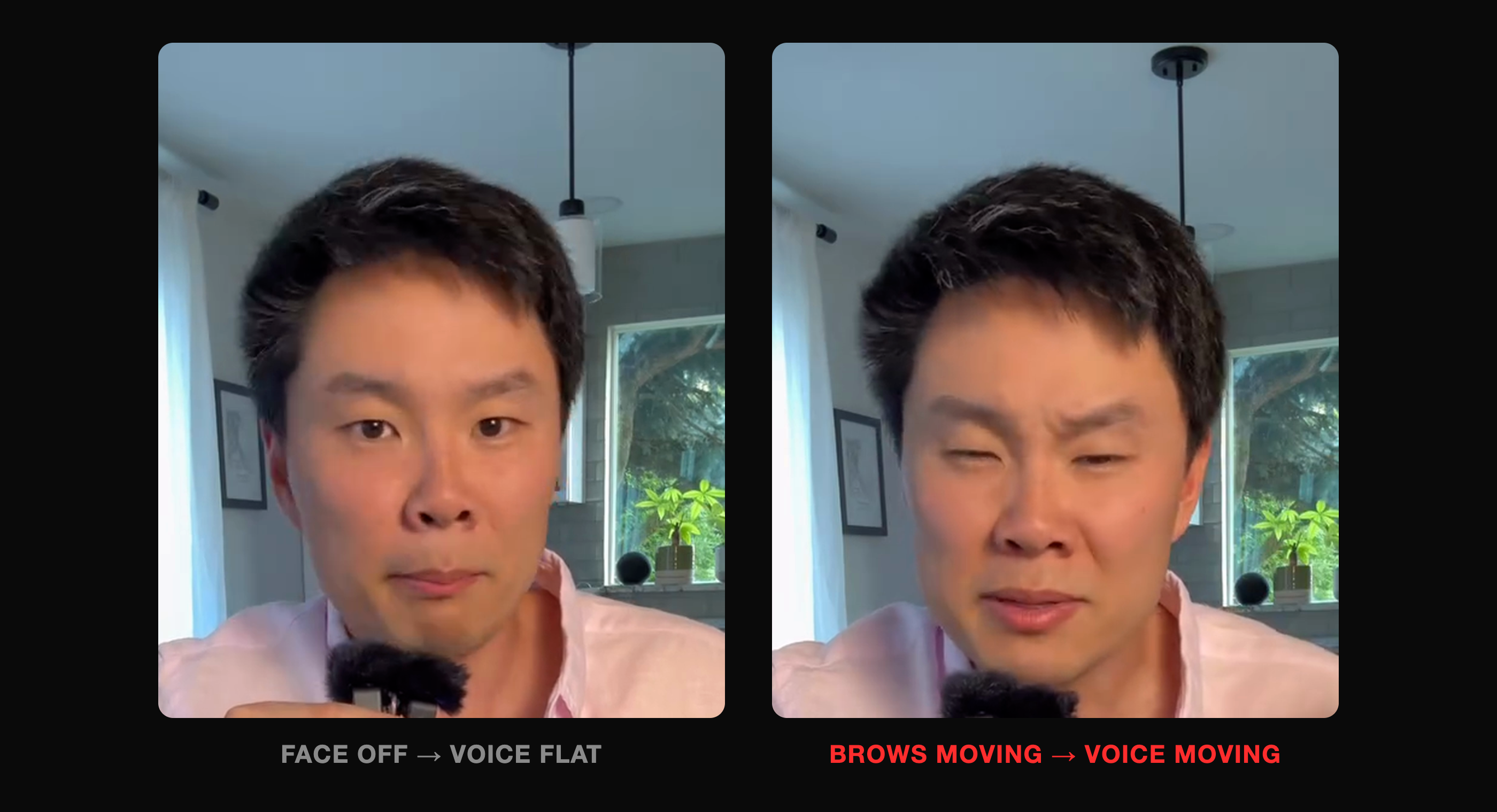 Two frames of the same recording side by side. On the left the face is still and the caption reads FACE OFF, VOICE FLAT. On the right the brows are engaged and the caption reads BROWS MOVING, VOICE MOVING