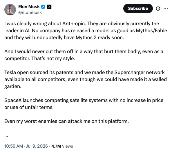 Elon Musk tweet admitting Anthropic is the leader in AI