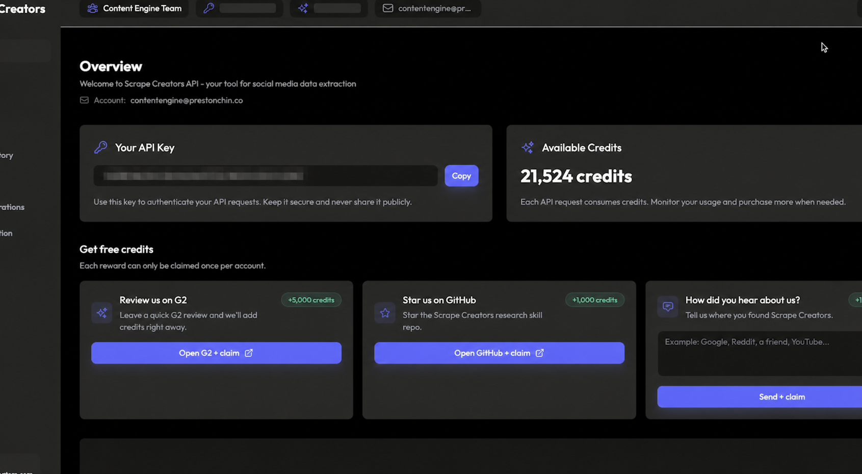 Scrape Creators account overview showing the API-key area with the secret obscured and a separate credits panel
