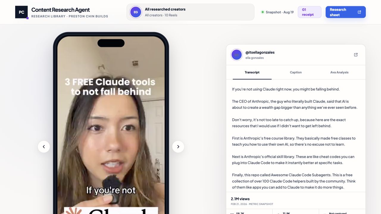 A complete video preview beside its transcript, creator record, and captured metrics inside the research library