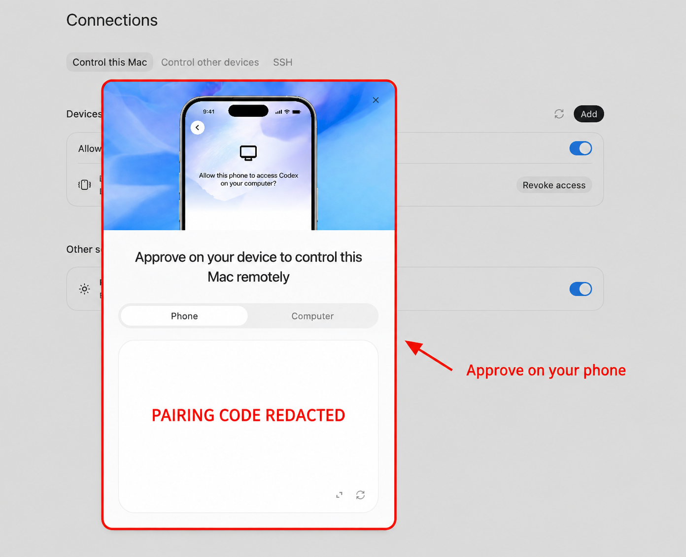 Codex phone approval screen with the pairing code redacted