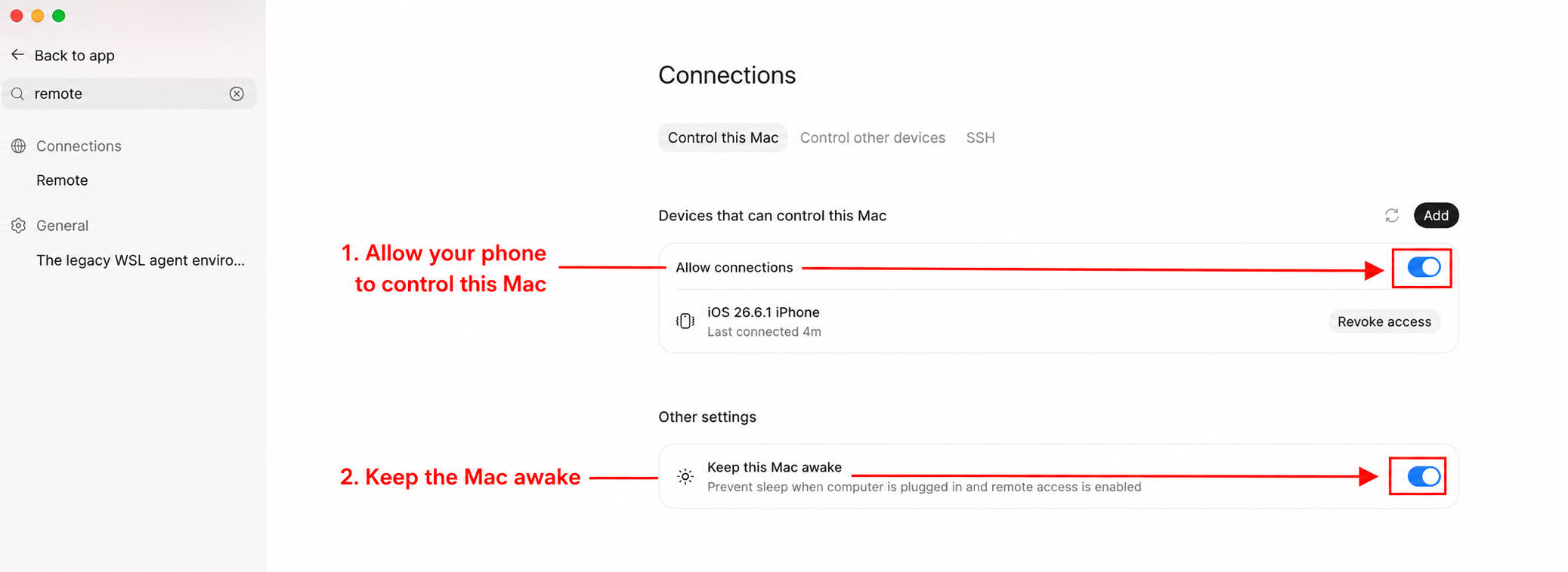 Codex remote settings with Allow connections and Keep this Mac awake highlighted