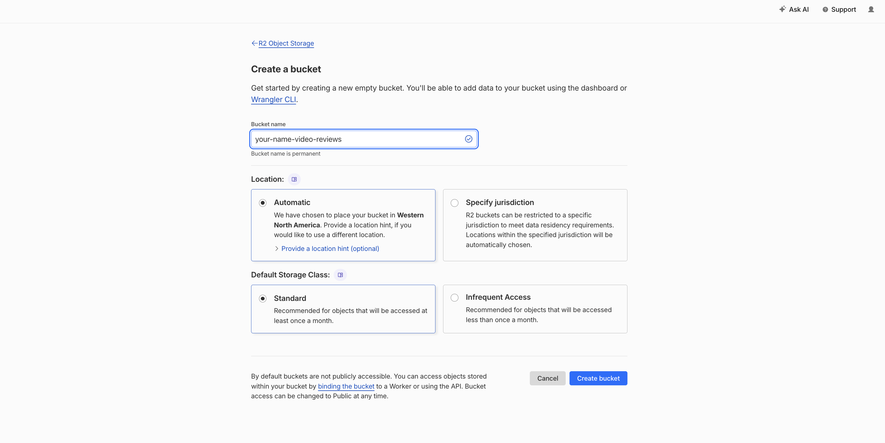 Create a Cloudflare bucket with a descriptive name, Automatic location, and Standard storage