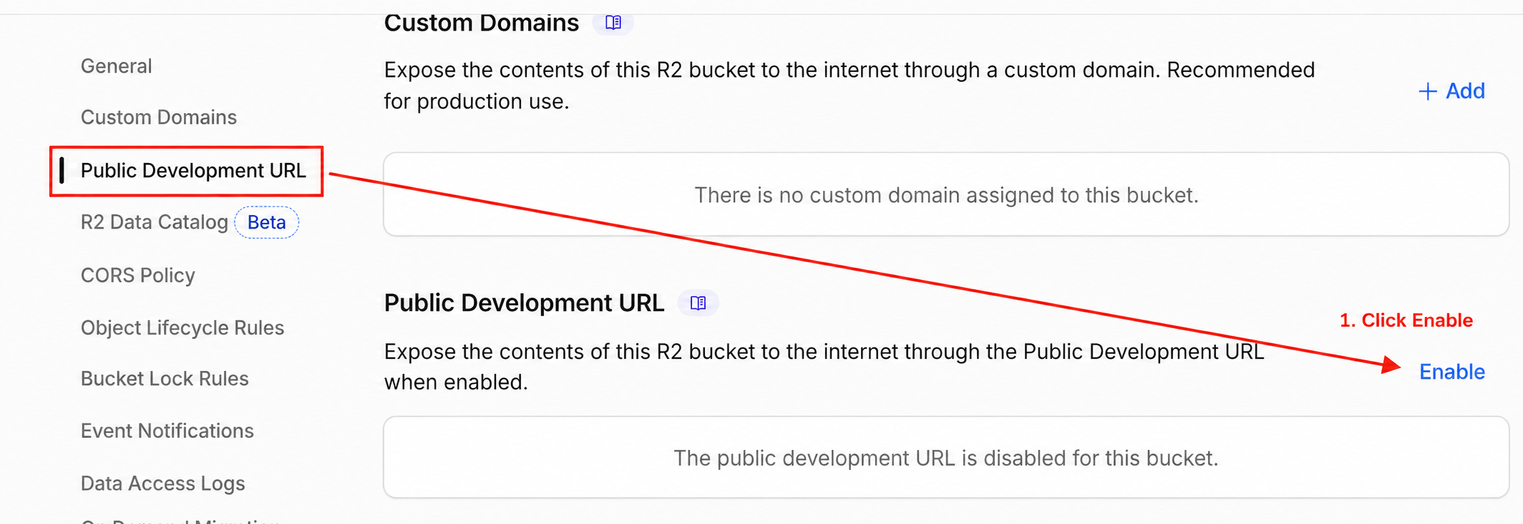 Cloudflare step 1: open Public Development URL and click Enable