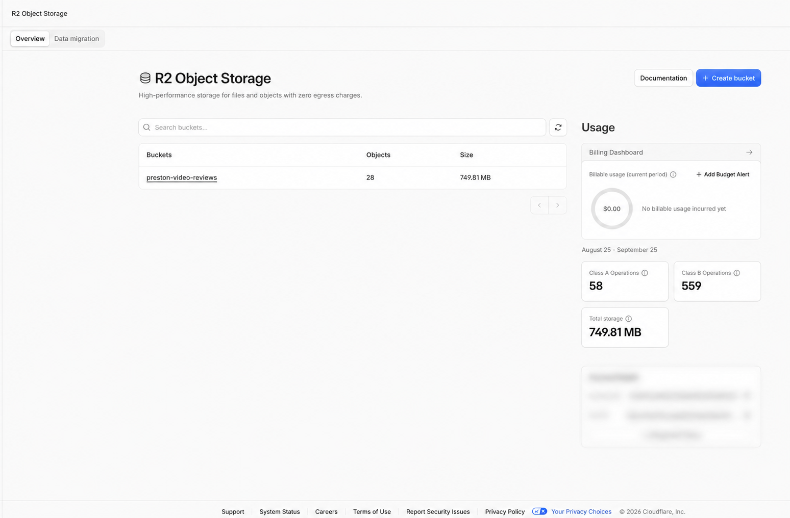 Cloudflare example: 28 review files using 749.81 MB with $0.00 billable usage