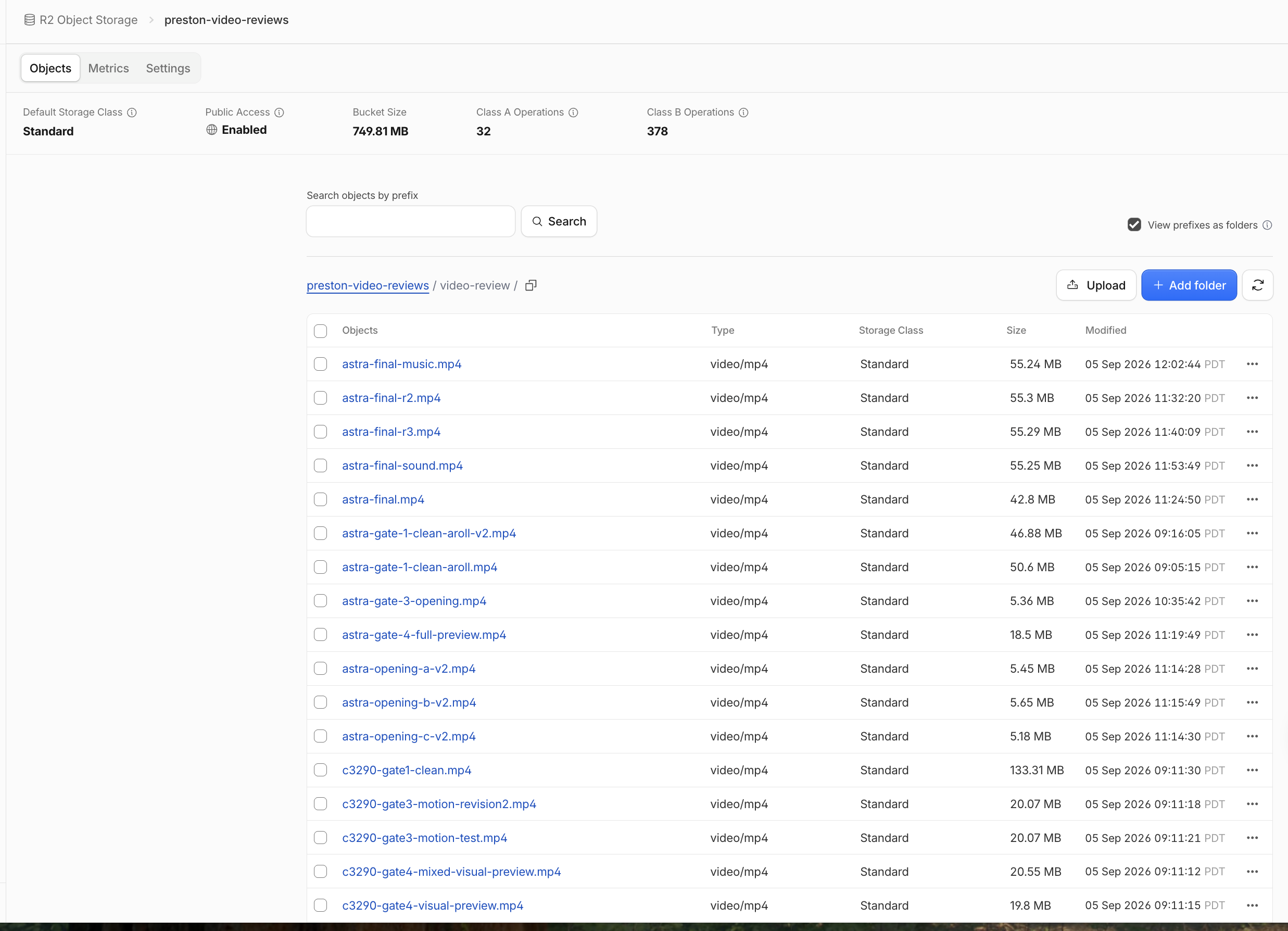 Several versions of the same edit stored as separate MP4 files in Cloudflare R2