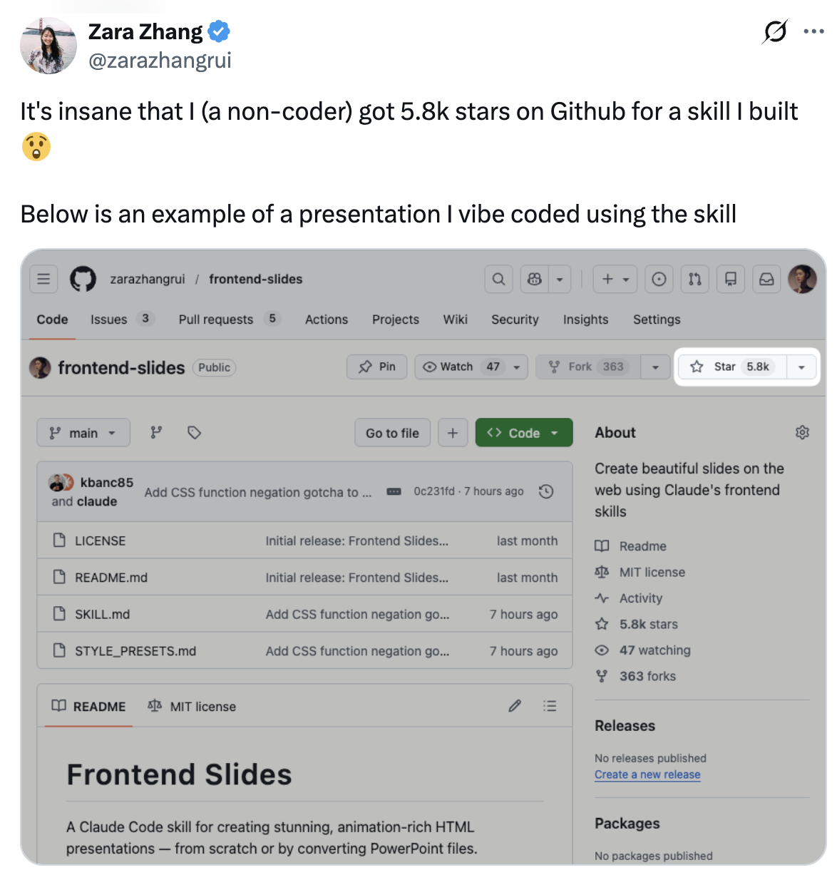 Zara Zhang's tweet about building Frontend Slides with no coding experience