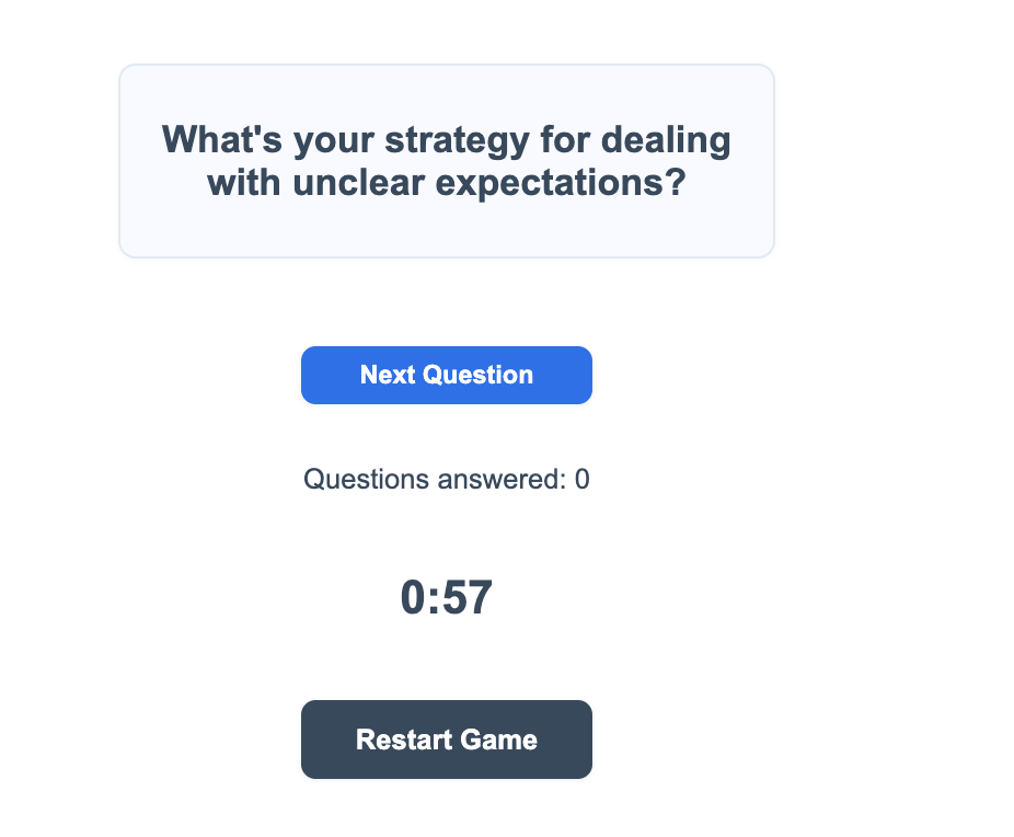 BLUF Rapid Fire game showing a question, a 60-second timer, and the next-question button