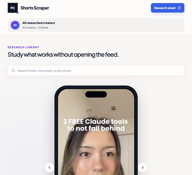 Preston Chin Builds Shorts Scraper research library with creator filters, search, and local video playback